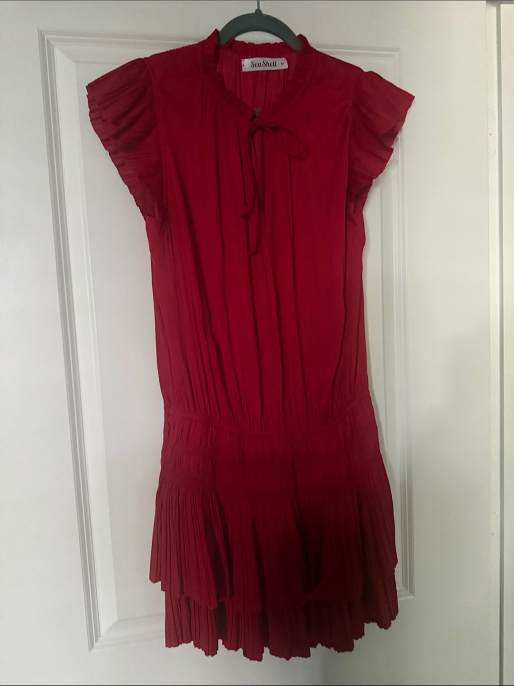 SeaShell Red Pleated Tie-Neck Dress